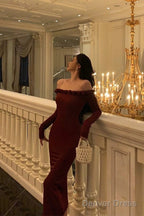 Classy Sheath Off The Shoulder Burgundy Long Sleeves Prom Dresses Birthday Outfits Prom Gowns