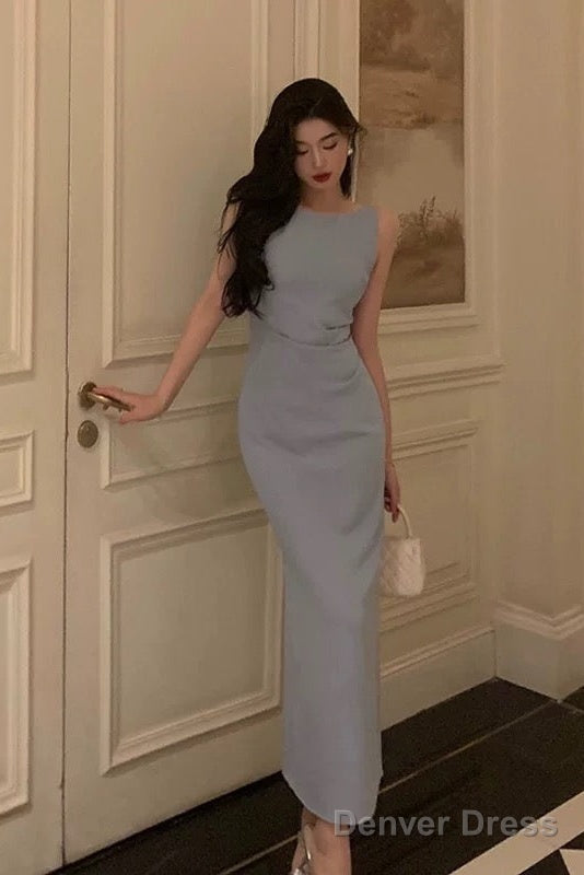 Classy Sheath Scoop Neckline Blue Prom Dresses Birthday Outfits Prom Gowns
