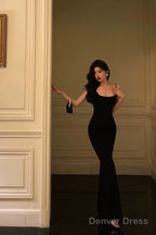 Classy Sheath Spaghetti Straps Black Long Prom Dresses Birthday Outfits