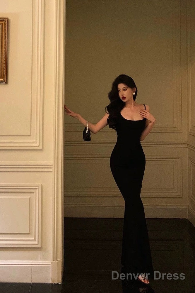 Classy Sheath Spaghetti Straps Black Long Prom Dresses Birthday Outfits