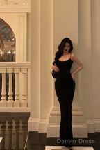 Classy Sheath Spaghetti Straps Black Long Prom Dresses Birthday Outfits