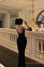 Classy Sheath Spaghetti Straps Black Long Prom Dresses Birthday Outfits