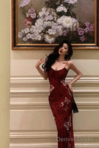 Classy Sheath Spaghetti Straps Burgundy Butterfly Prom Dresses Birthday Outfits