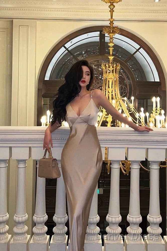 Classy Sheath Spaghetti Straps Champagne Prom Dresses Birthday Outfits Prom Gowns