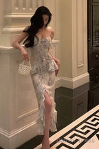 Classy Sheath Spaghetti Straps Chiffon Floral Prom Dresses Birthday Outfits Prom Gowns