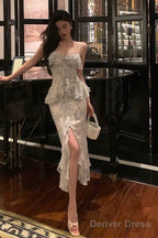 Classy Sheath Spaghetti Straps Chiffon Floral Prom Dresses Birthday Outfits Prom Gowns