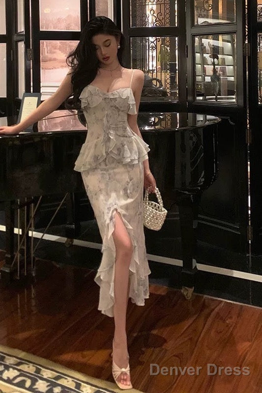 Classy Sheath Spaghetti Straps Chiffon Floral Prom Dresses Birthday Outfits Prom Gowns