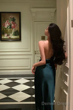 Classy Sheath Spaghetti Straps Dark Green Satin Prom Dresses Birthday Outfits Prom Gowns