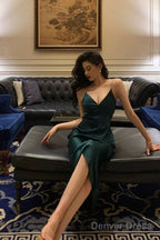 Classy Sheath Spaghetti Straps Dark Green Satin Prom Dresses Birthday Outfits Prom Gowns