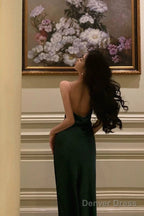 Classy Sheath Spaghetti Straps Dark Green Satin Prom Dresses Birthday Outfits Prom Gowns