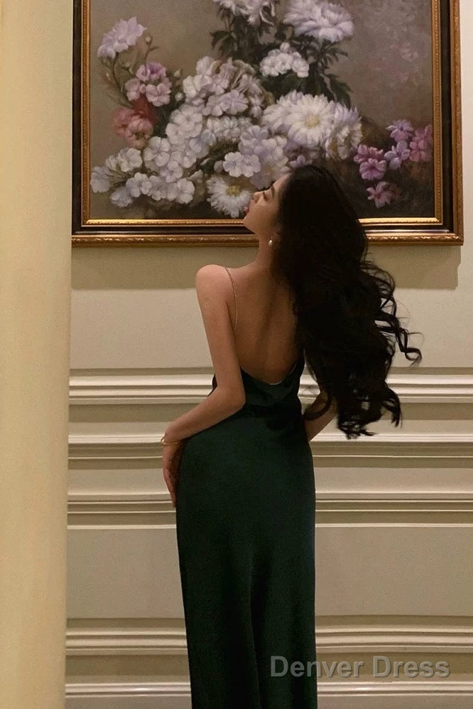 Classy Sheath Spaghetti Straps Dark Green Satin Prom Dresses Birthday Outfits Prom Gowns