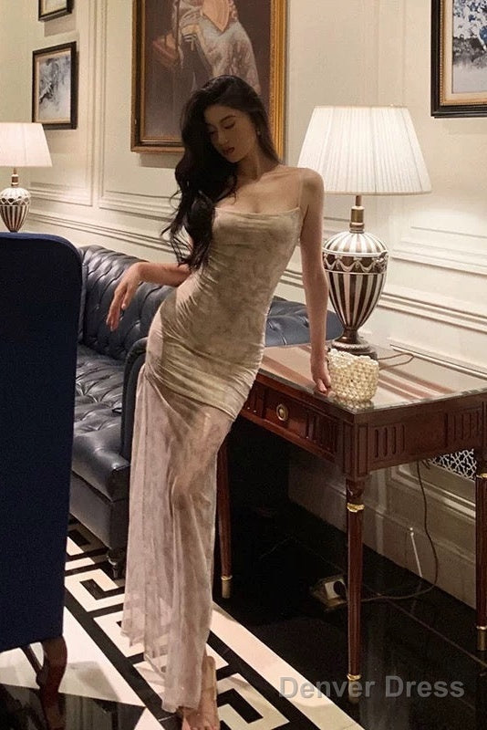 Classy Sheath Spaghetti Straps Floral Long Prom Dresses Birthday Outfits Prom Gowns