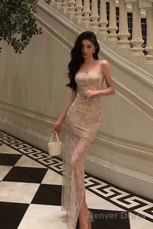Classy Sheath Spaghetti Straps Floral Long Prom Dresses Birthday Outfits Prom Gowns