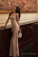 Classy Sheath Spaghetti Straps Floral Long Prom Dresses Birthday Outfits Prom Gowns