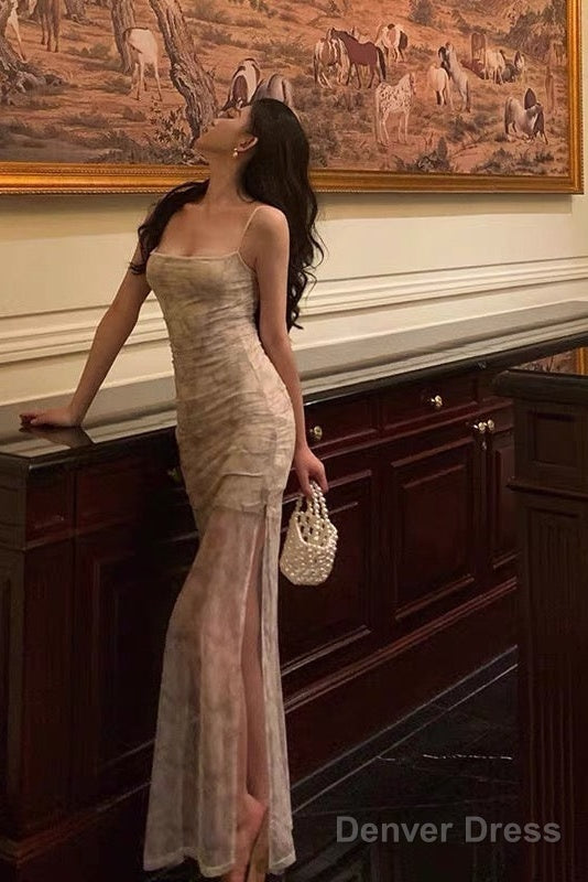 Classy Sheath Spaghetti Straps Floral Long Prom Dresses Birthday Outfits Prom Gowns