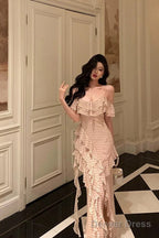 Classy Sheath Spaghetti Straps Floral Long Slit Prom Dresses Birthday Outfits Prom Gowns