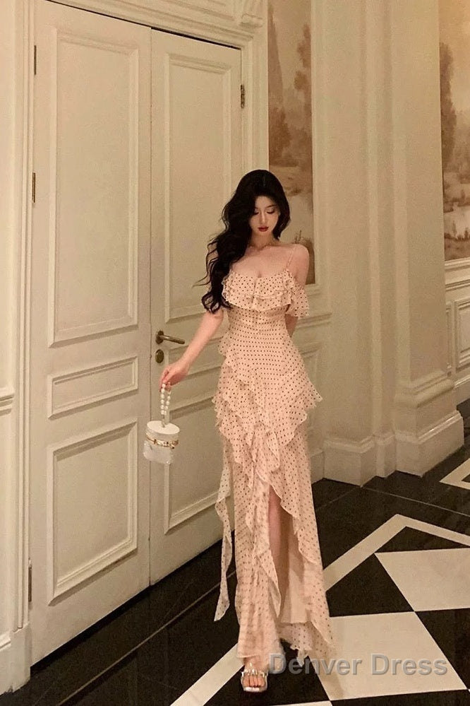 Classy Sheath Spaghetti Straps Floral Long Slit Prom Dresses Birthday Outfits Prom Gowns