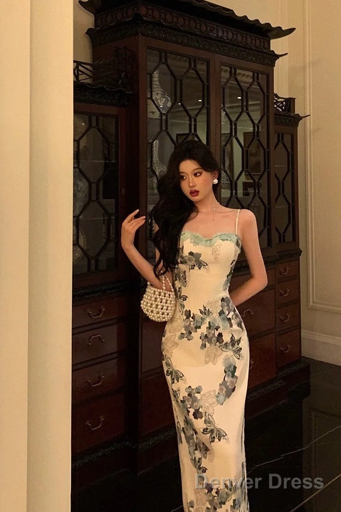 Classy Sheath Spaghetti Straps Floral Prom Dresses Birthday Outfits Prom Gowns