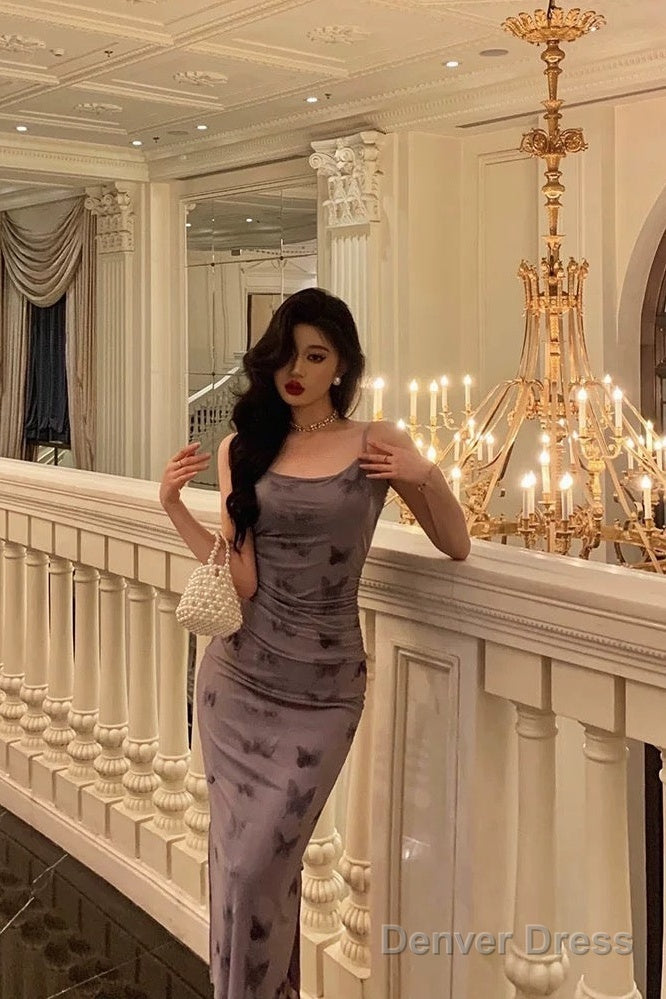 Classy Sheath Spaghetti Straps Grape Long Prom Dresses Birthday Outfits Prom Gowns