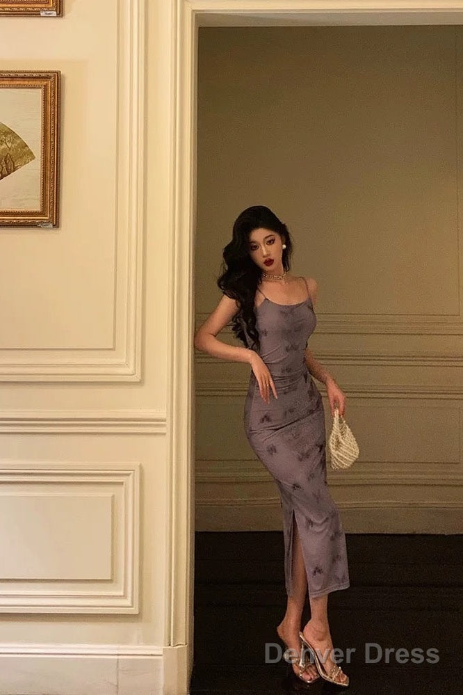 Classy Sheath Spaghetti Straps Grape Long Prom Dresses Birthday Outfits Prom Gowns