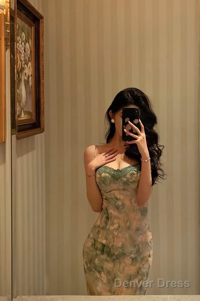 Classy Sheath Spaghetti Straps Green Floral Lace Prom Dresses Birthday Outfits Prom Gowns