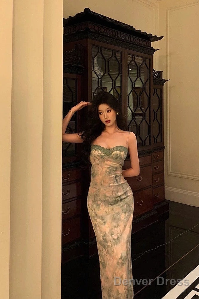 Classy Sheath Spaghetti Straps Green Floral Lace Prom Dresses Birthday Outfits Prom Gowns