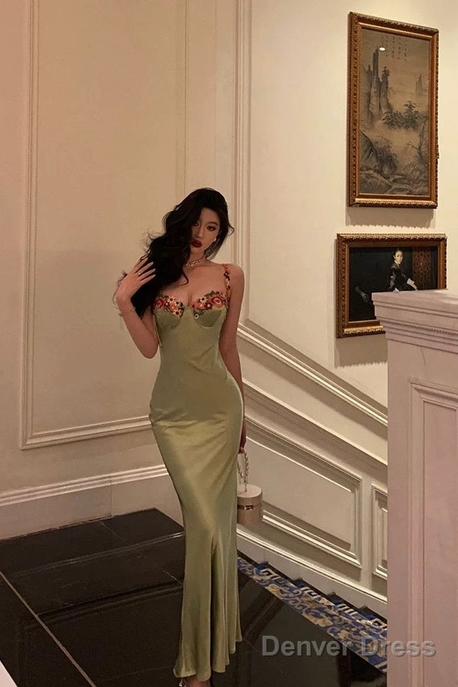 Classy Sheath Spaghetti Straps Green Long Prom Dresses Birthday Outfits Prom Gowns