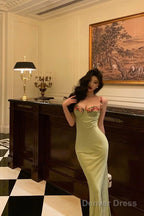 Classy Sheath Spaghetti Straps Green Long Prom Dresses Birthday Outfits Prom Gowns