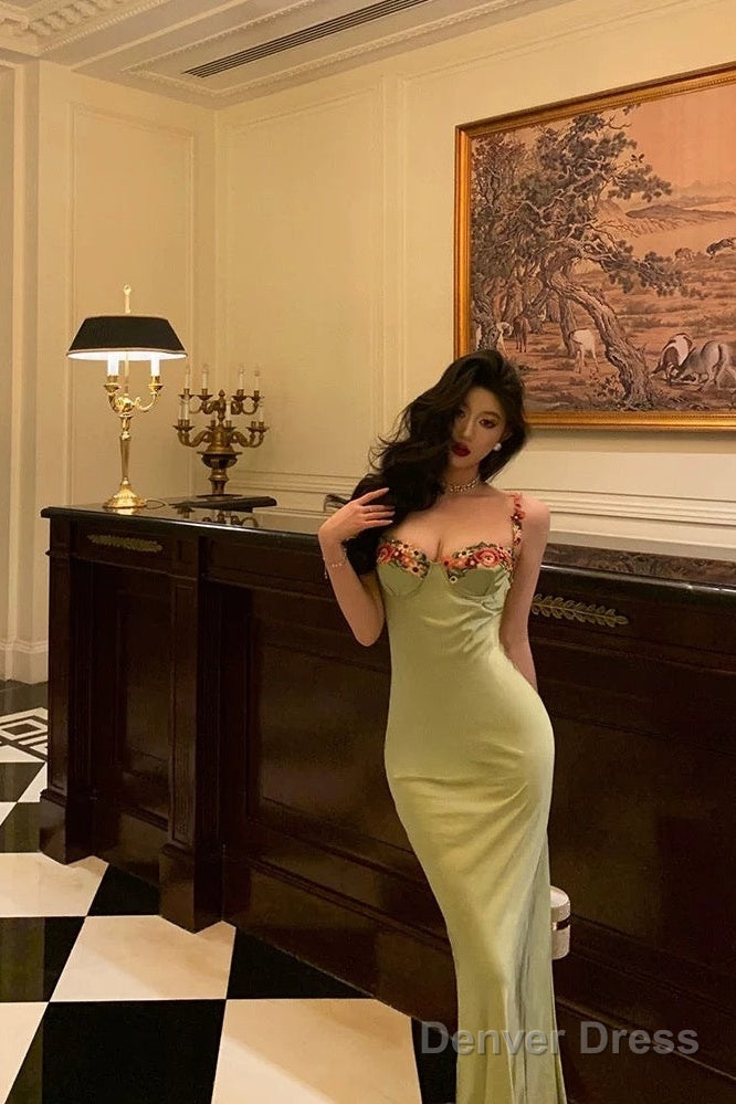 Classy Sheath Spaghetti Straps Green Long Prom Dresses Birthday Outfits Prom Gowns