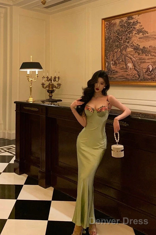 Classy Sheath Spaghetti Straps Green Long Prom Dresses Birthday Outfits Prom Gowns