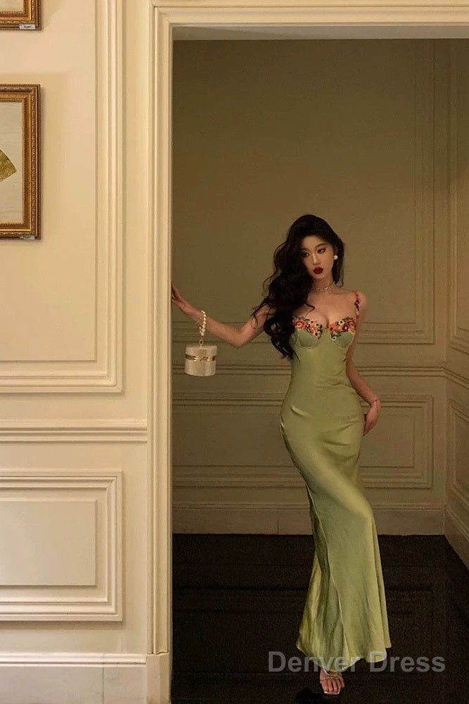 Classy Sheath Spaghetti Straps Green Long Prom Dresses Birthday Outfits Prom Gowns