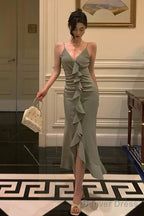Classy Sheath Spaghetti Straps Green Ruffles Prom Dresses Birthday Outfits Prom Gowns