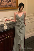 Classy Sheath Spaghetti Straps Green Ruffles Prom Dresses Birthday Outfits Prom Gowns