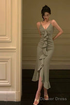 Classy Sheath Spaghetti Straps Green Ruffles Prom Dresses Birthday Outfits Prom Gowns
