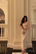 Classy Sheath Spaghetti Straps Ivory Chiffon Prom Dresses Birthday Outfits Prom Gowns