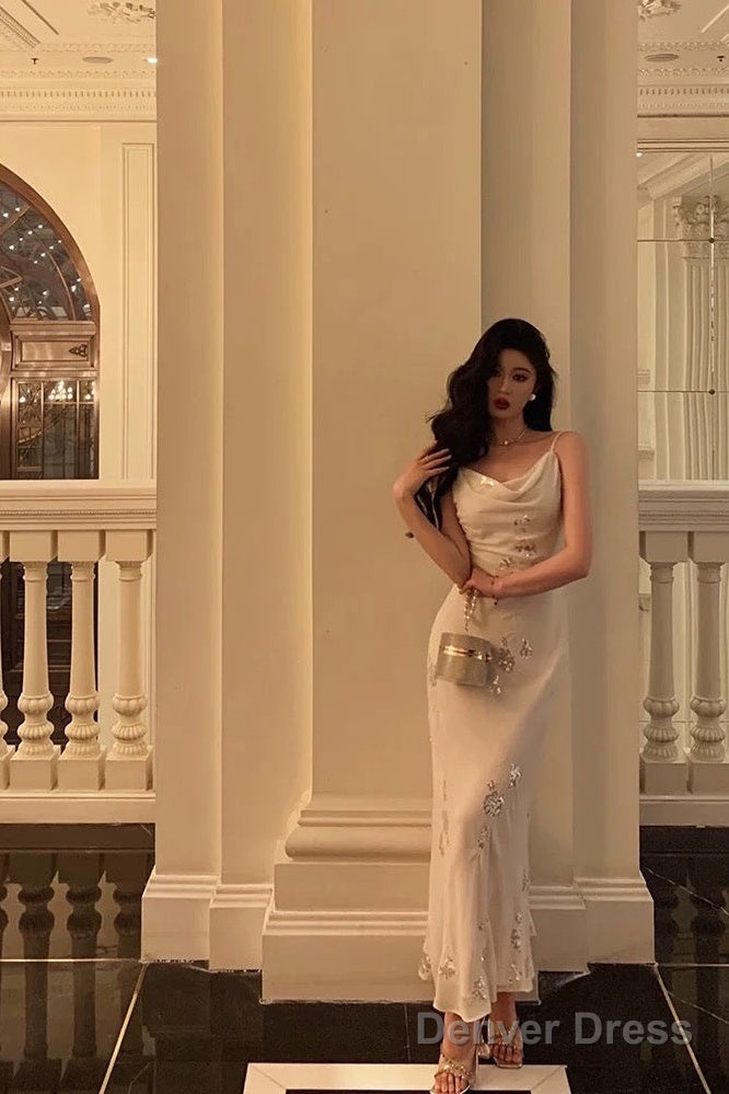 Classy Sheath Spaghetti Straps Ivory Chiffon Prom Dresses Birthday Outfits Prom Gowns