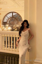 Classy Sheath Spaghetti Straps Ivory Chiffon Prom Dresses Birthday Outfits Prom Gowns