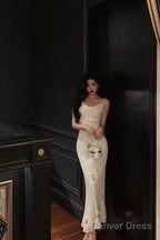 Classy Sheath Spaghetti Straps Ivory Chiffon Prom Dresses Birthday Outfits Prom Gowns