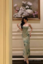 Classy Sheath Spaghetti Straps Mint Green Floral Prom Dresses Birthday Outfits Prom Gowns