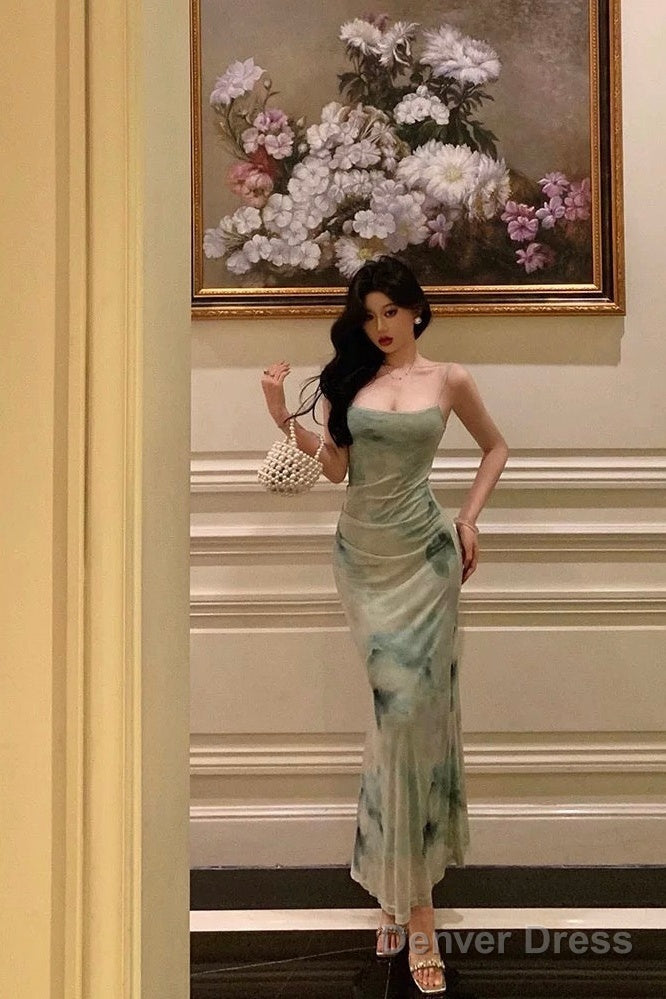 Classy Sheath Spaghetti Straps Mint Green Floral Prom Dresses Birthday Outfits Prom Gowns