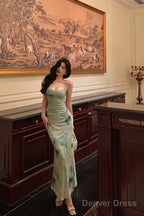 Classy Sheath Spaghetti Straps Mint Green Floral Prom Dresses Birthday Outfits Prom Gowns
