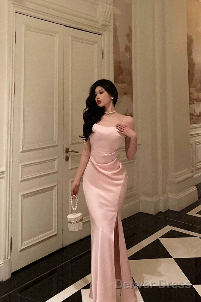 Classy Sheath Spaghetti Straps Pink Satin Prom Dresses Birthday Outfits Prom Gowns