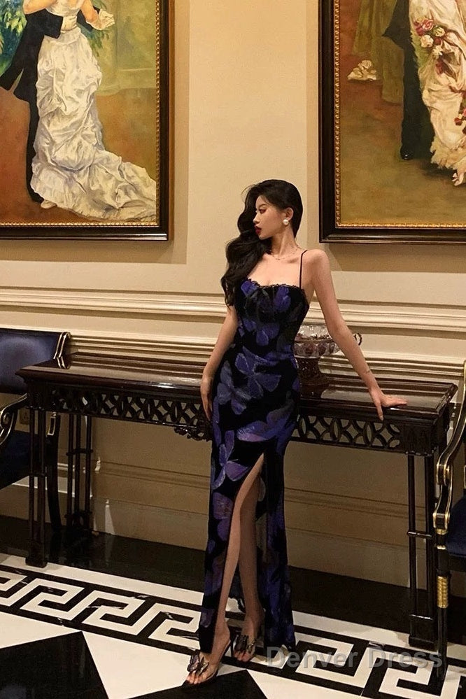Classy Sheath Spaghetti Straps Royal Blue Floral Prom Dresses Birthday Outfits Prom Gowns