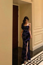 Classy Sheath Spaghetti Straps Royal Blue Floral Prom Dresses Birthday Outfits Prom Gowns