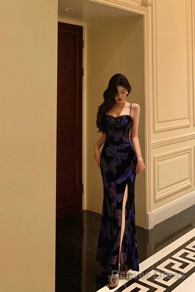 Classy Sheath Spaghetti Straps Royal Blue Floral Prom Dresses Birthday Outfits Prom Gowns