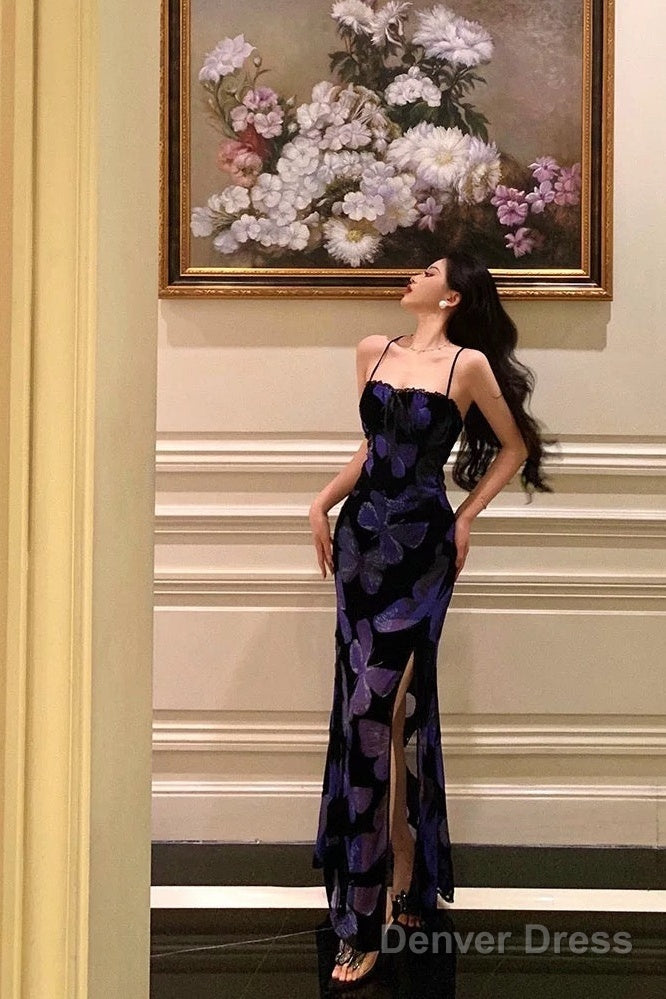 Classy Sheath Spaghetti Straps Royal Blue Floral Prom Dresses Birthday Outfits Prom Gowns