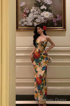 Classy Sheath Spaghetti Straps Satin Floral Prom Dresses Birthday Outfits Prom Gowns