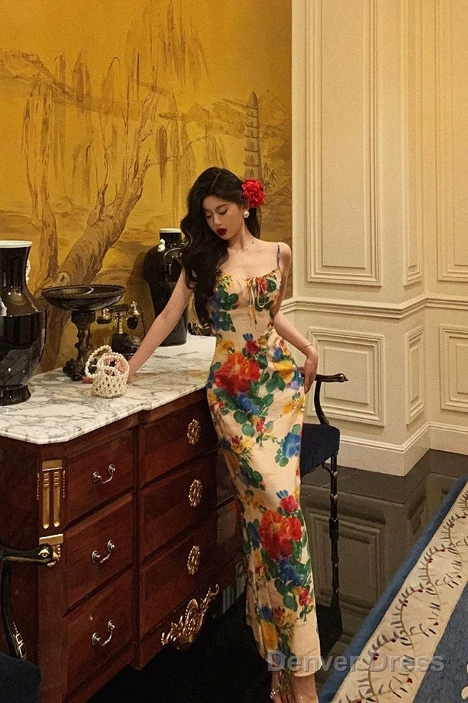 Classy Sheath Spaghetti Straps Satin Floral Prom Dresses Birthday Outfits Prom Gowns