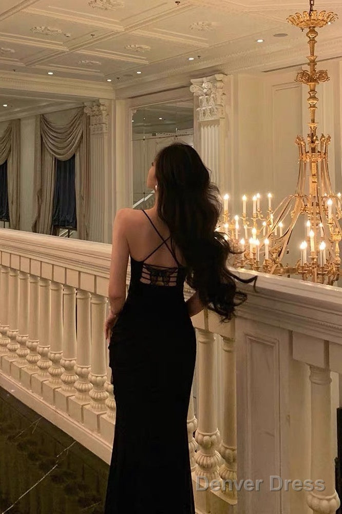 Classy Sheath Spaghetti Straps Sleeveless Black Backless Prom Dresses Birthday Outfits