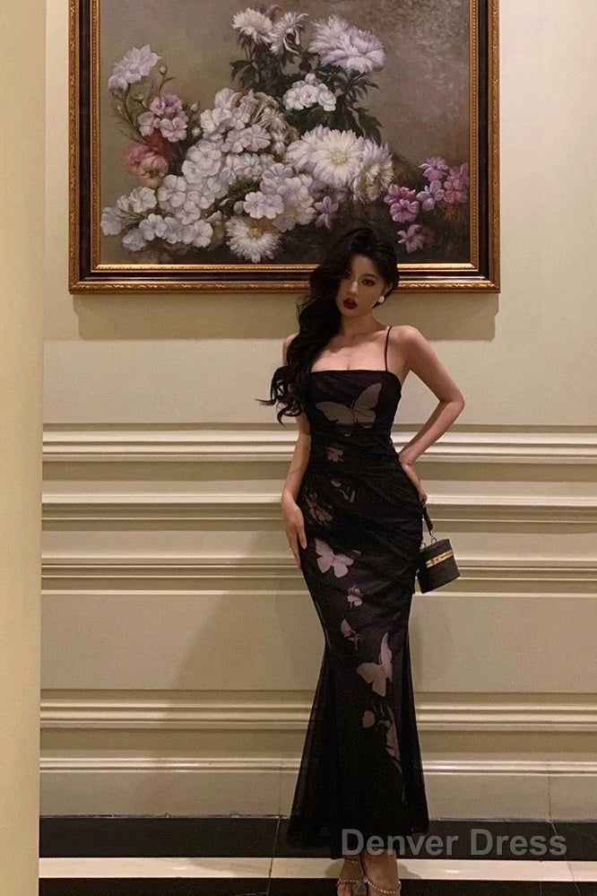 Classy Sheath Spaghetti Straps Sleeveless Black Backless Prom Dresses Birthday Outfits